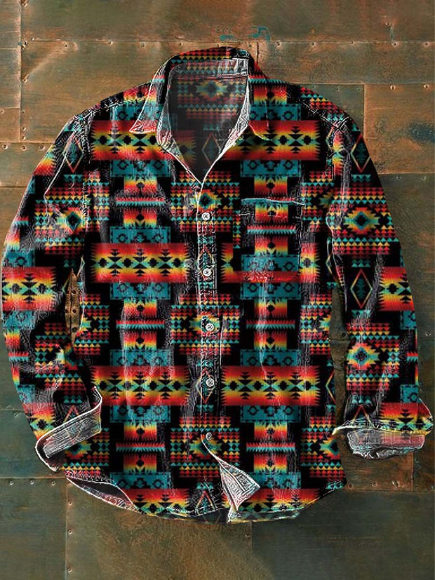 Men's Vintage Western Style Printed Lapel Long Sleeve Shirt