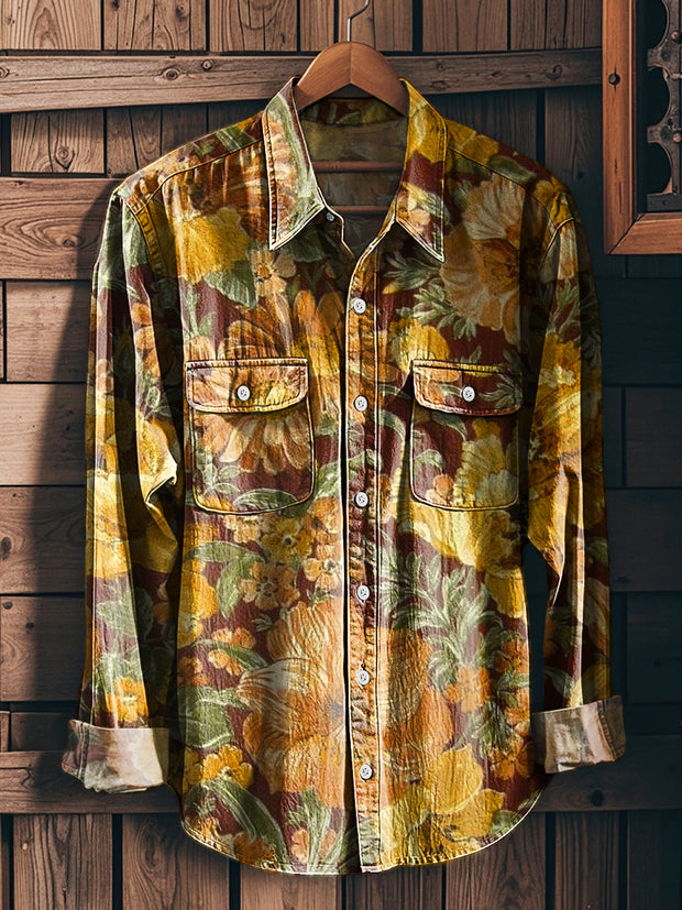 Men's Vintage Abstract Floral Art Print Workwear Pocket Shirt