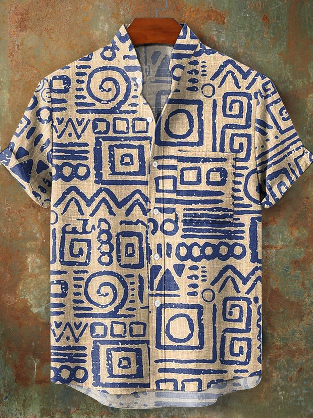 Men's Vintage Line Geometric Art Print Stand Collar Pocket Shirt