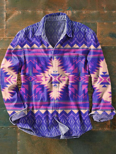 Men's Vintage Western Style Printed Lapel Long Sleeve Shirt