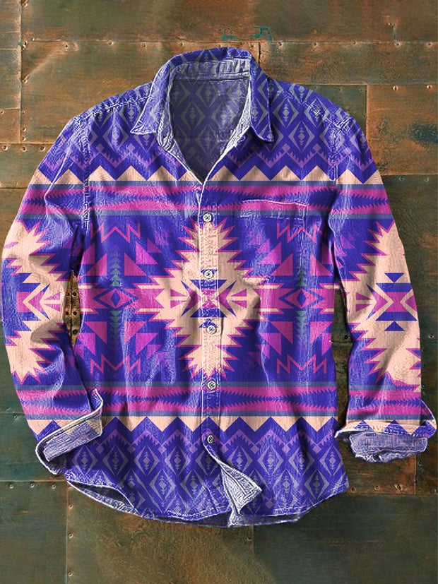 Men's Vintage Western Style Printed Lapel Long Sleeve Shirt
