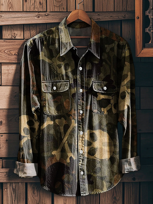 Men's Vintage Camo Skull Art Print Workwear Pocket Shirt