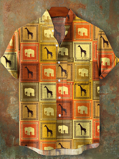 Men's Vintage Plaid Animal Art Print Stand Collar Pocket Shirt