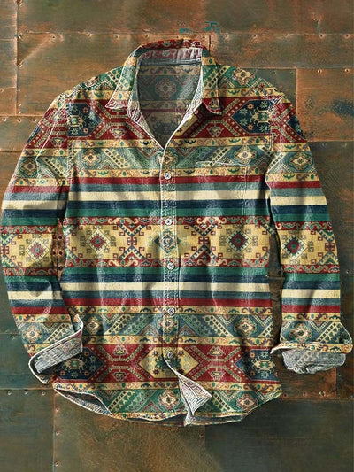 Men's Retro Ethnic Printed Lapel Long Sleeve Shirt
