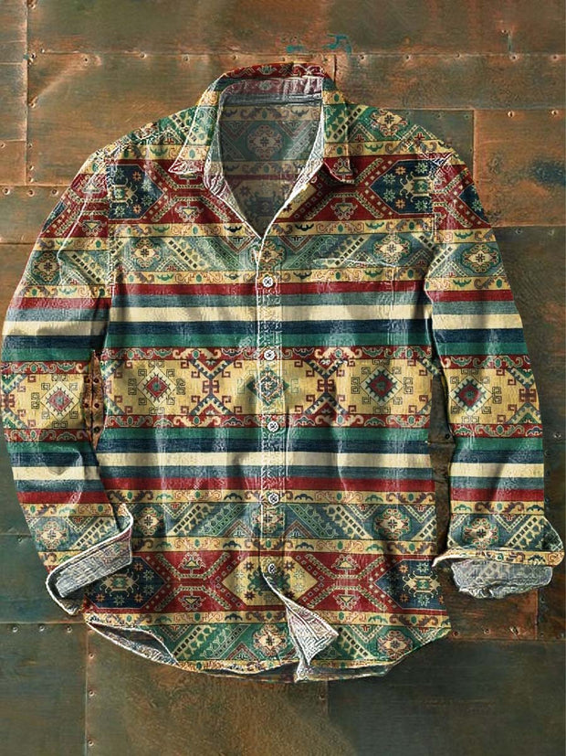 Men's Retro Ethnic Printed Lapel Long Sleeve Shirt