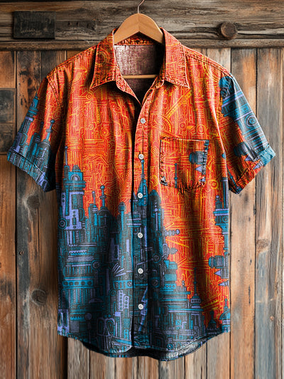 Men's Vintage Abstract Line Art Print Short Sleeve Pocket Shirt