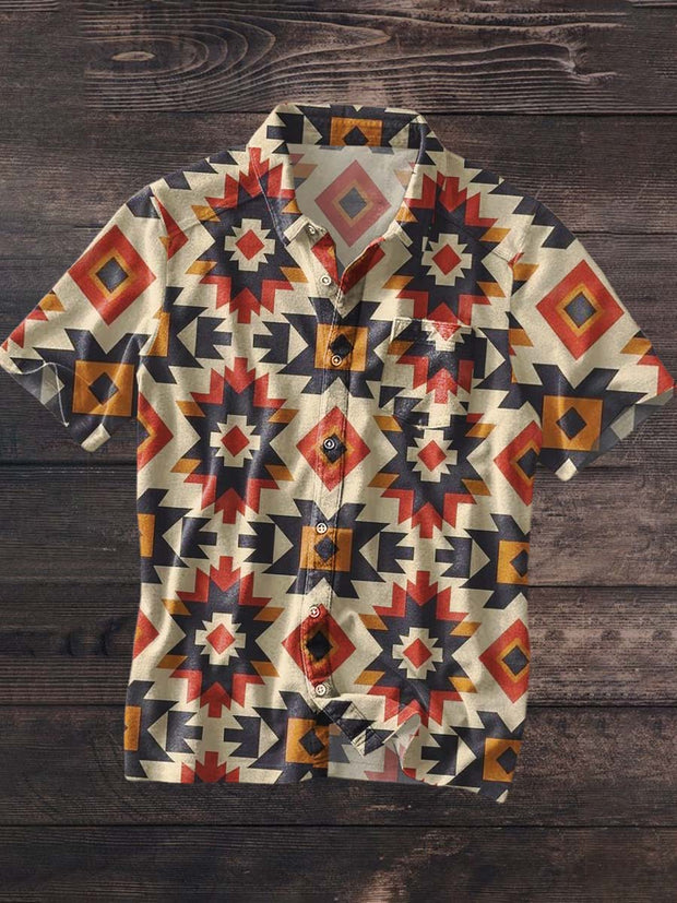 Men's Vintage Western Style Printed Lapel Short Sleeve Shirt