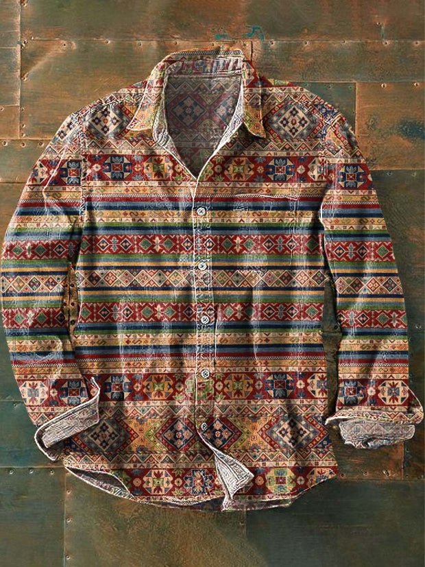 Men's Retro Ethnic Printed Lapel Long Sleeve Shirt