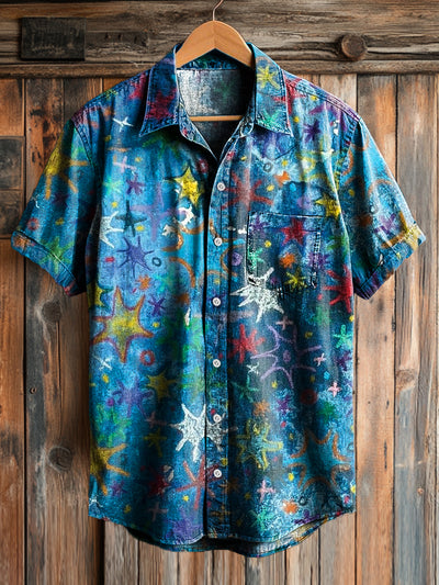 Men's Vintage Abstract Star Graffiti Art Print Short Sleeve Pocket Shirt