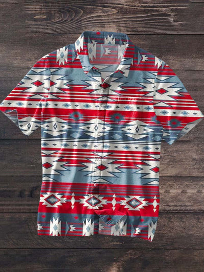 Men's Vintage Western Style Printed Lapel Short Sleeve Shirt