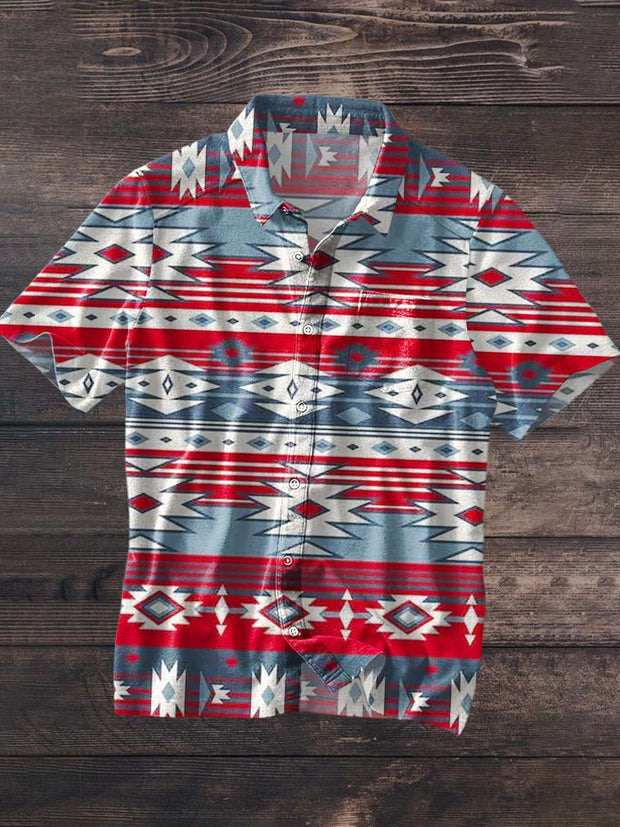Men's Vintage Western Style Printed Lapel Short Sleeve Shirt