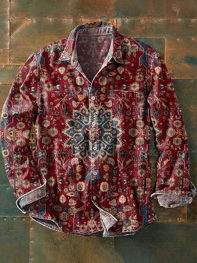 Men's Retro Ethnic Printed Lapel Long Sleeve Shirt