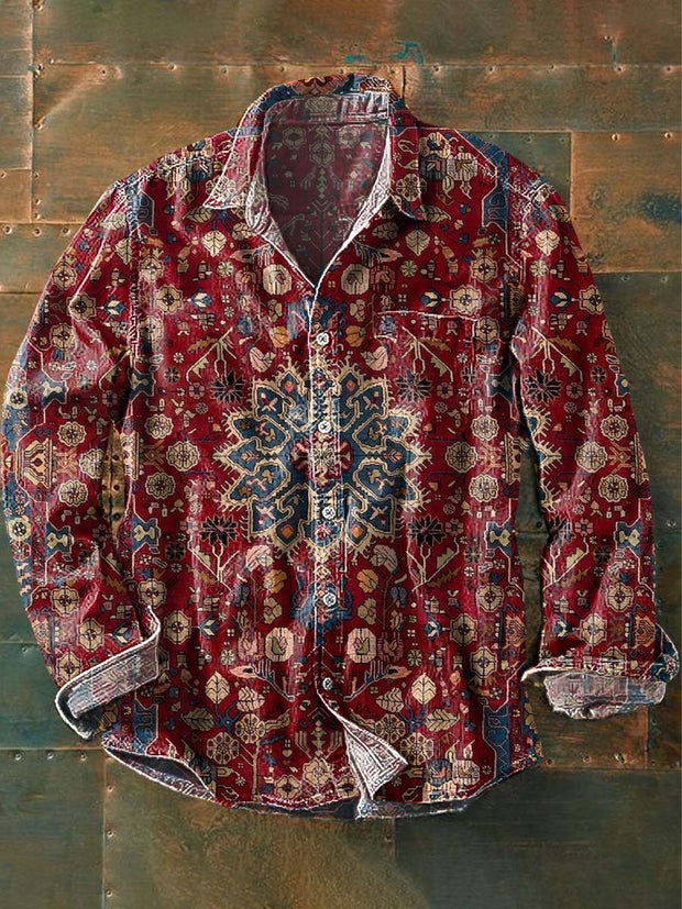 Men's Retro Ethnic Printed Lapel Long Sleeve Shirt