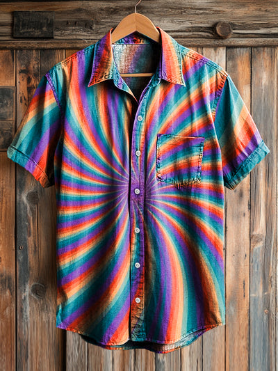 Men's Vintage Colorful Spirals Art Print Short Sleeve Pocket Shirt