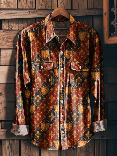 Men's Vintage Geometric Plaid Art Print Workwear Pocket Shirt