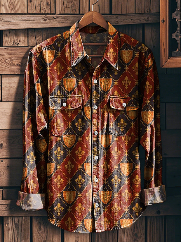 Men's Vintage Geometric Plaid Art Print Workwear Pocket Shirt