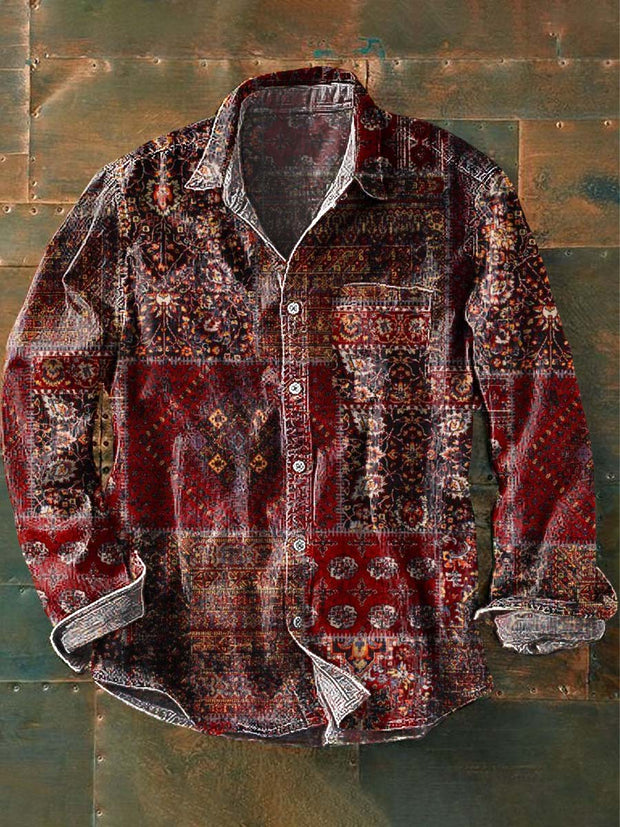 Men's Retro Ethnic Printed Lapel Long Sleeve Shirt