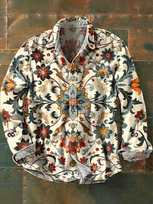 Men's Vintage Symmetrical Floral Art Print Long Sleeve Pocket Shirt