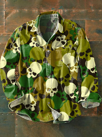 Men's Vintage Abstract Skull Camo Art Print Long Sleeve Pocket Shirt