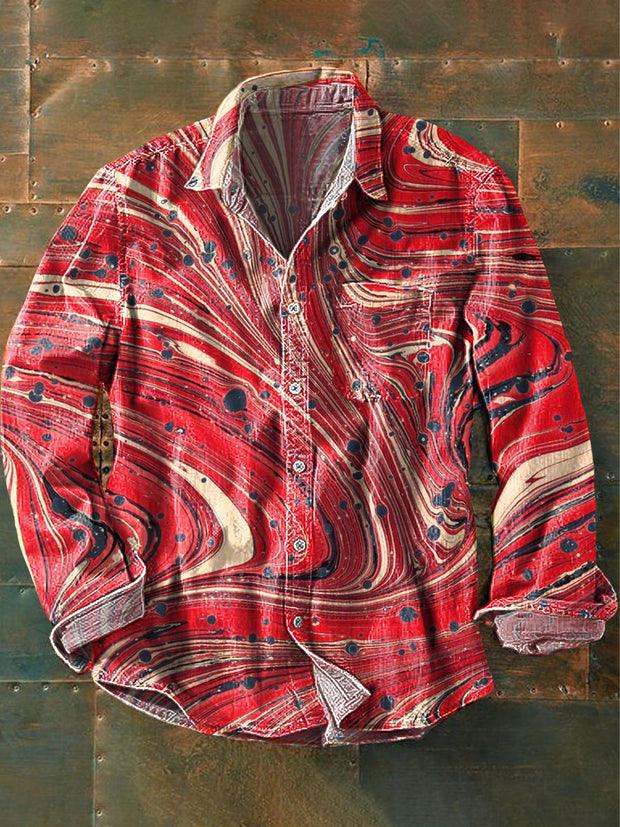 Men's Vintage Abstract Textured Art Print Long Sleeve Pocket Shirt