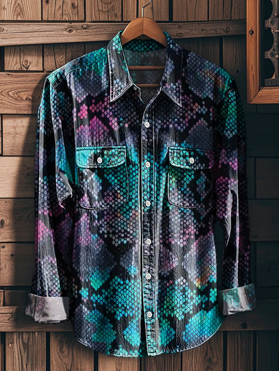 Men's Vintage Abstract Beast Pattern Long Sleeve Workwear Pocket Shirt