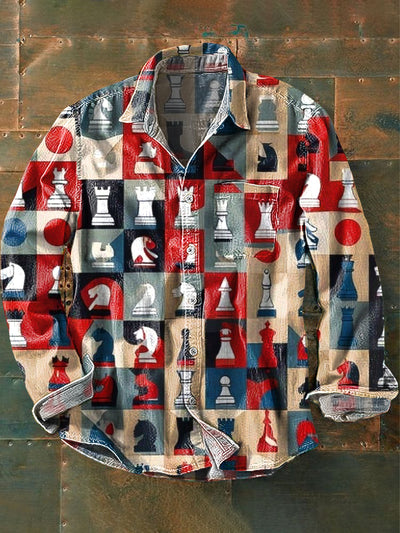 Men's Vintage Chess Art Print Long Sleeve Pocket Shirt