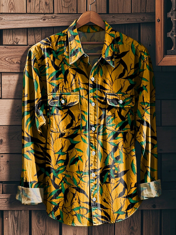 Men's Vintage Abstract Leaf Pattern Long Sleeve Workwear Pocket Shirt