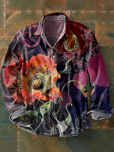 Men's Vintage Abstract Floral Art Print Long Sleeve Pocket Shirt