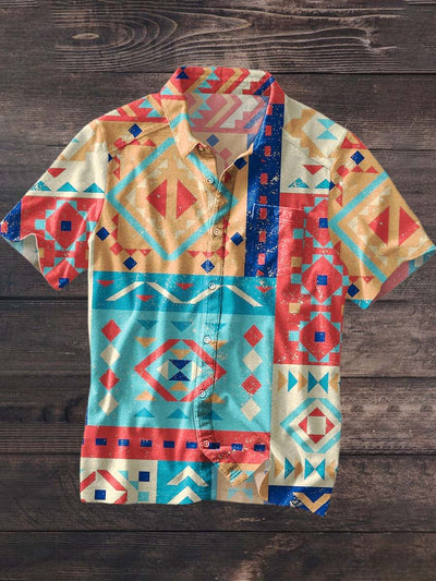 Men's Vintage Tribal Ethnic Print Lapel Short Sleeve Shirt