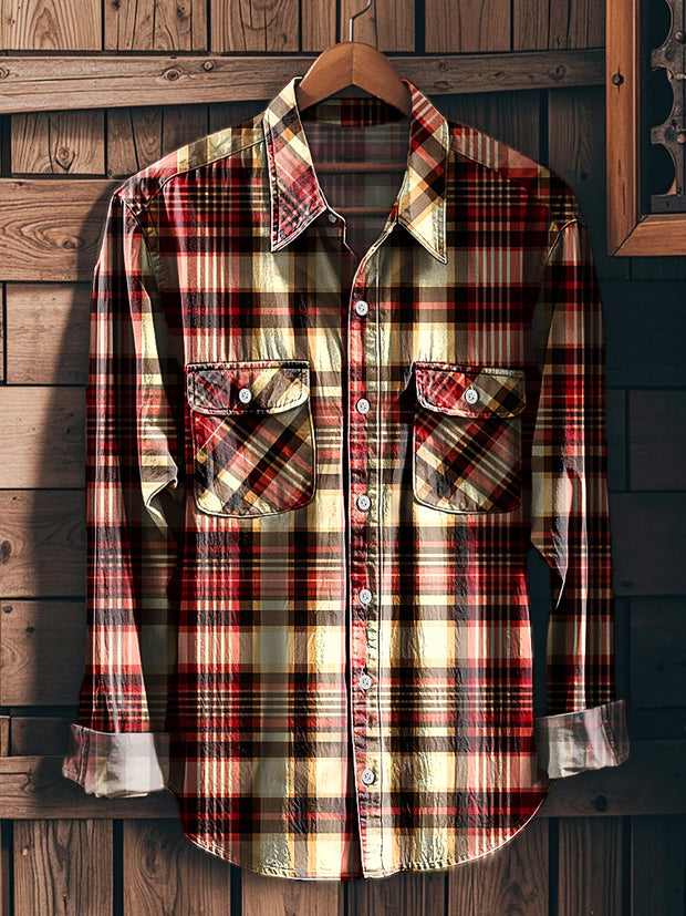 Men's Vintage Abstract Plaid Long Sleeve Workwear Pocket Shirt