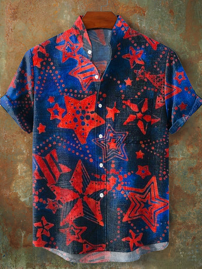 Men's Vintage Abstract Star Pattern Stand Collar Short Sleeve Pocket Shirt