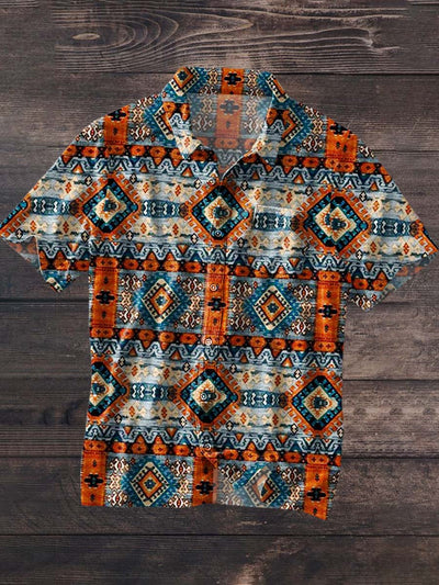 Men's Vintage Tribal Ethnic Print Lapel Short Sleeve Shirt