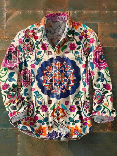 Men's Vintage Geometric Floral Art Print Long Sleeve Pocket Shirt