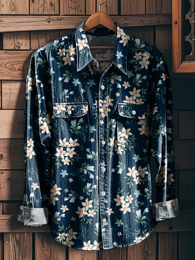 Men's Vintage Floral Pattern Long Sleeve Workwear Pocket Shirt