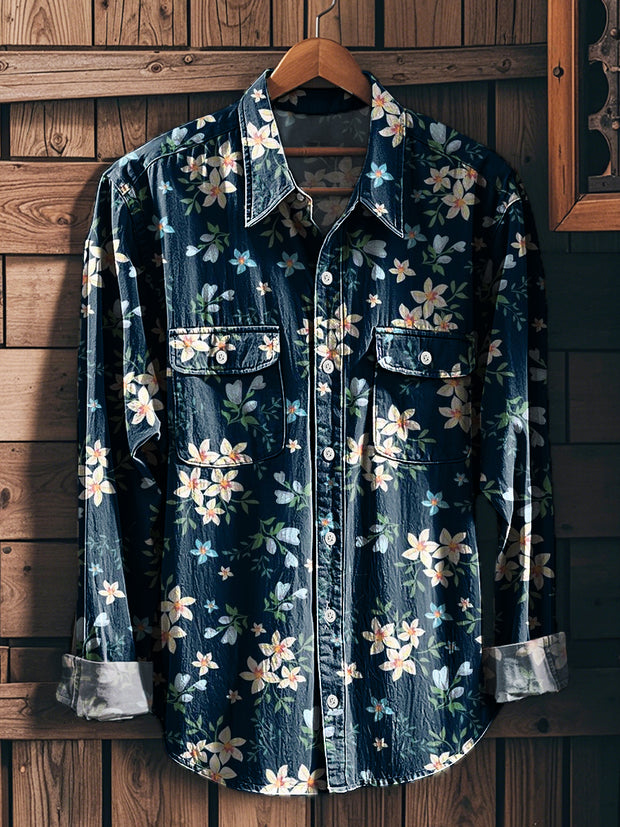 Men's Vintage Floral Pattern Long Sleeve Workwear Pocket Shirt