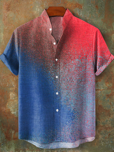 Men's Vintage Ink Color Art Print Stand Collar Short Sleeve Pocket Shirt