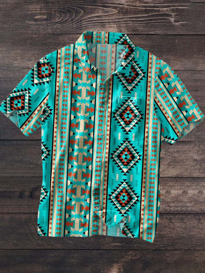 Men's Vintage Tribal Ethnic Print Lapel Short Sleeve Shirt