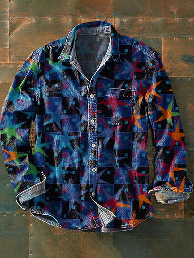 Men's Vintage Gradient Star Art Print Long Sleeve Pocket Shirt
