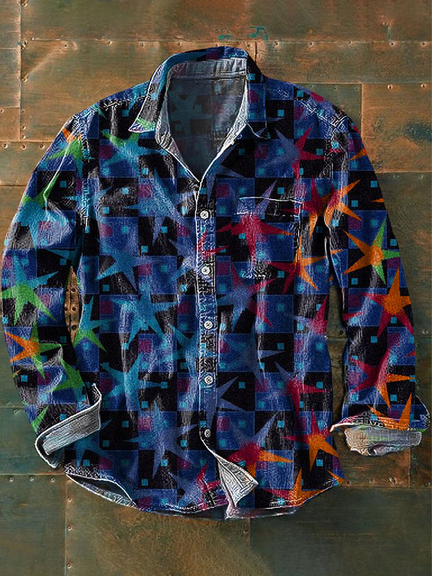 Men's Vintage Gradient Star Art Print Long Sleeve Pocket Shirt