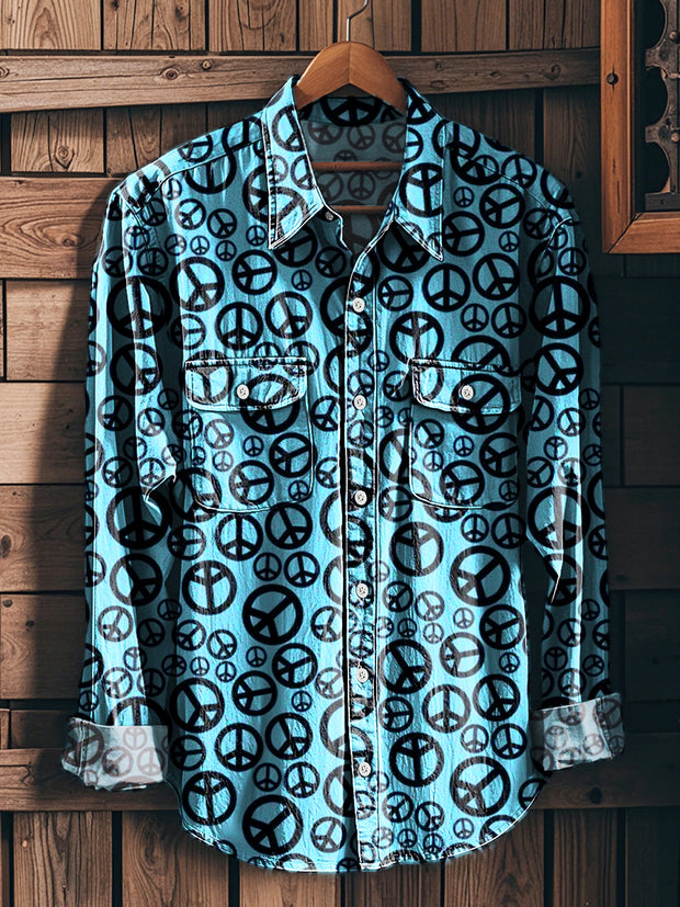 Men's Vintage Irregular Geometric Long Sleeve Workwear Pocket Shirt