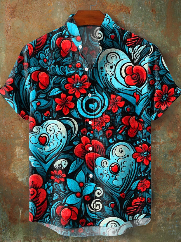 Men's Vintage Love Heart Floral Pattern Stand Collar Short Sleeve Pocket Shirt