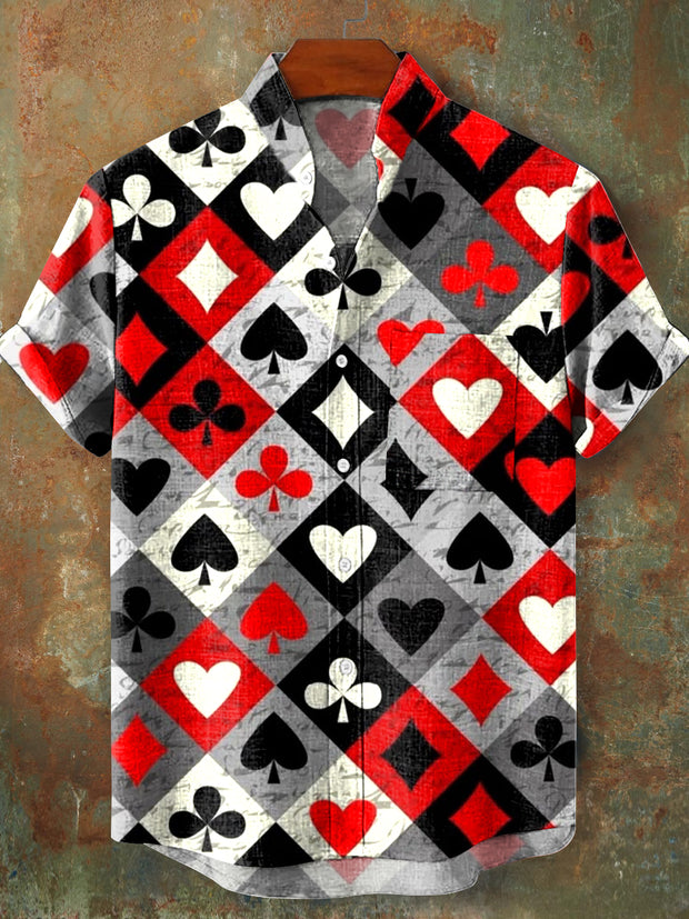 Men's Vintage Poker Pattern Stand Collar Short Sleeve Pocket Shirt