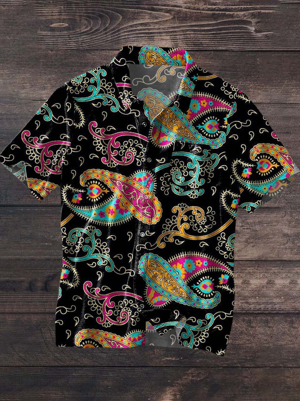 Men's Vintage Cashew Flower Floral Print Lapel Short Sleeve Shirt