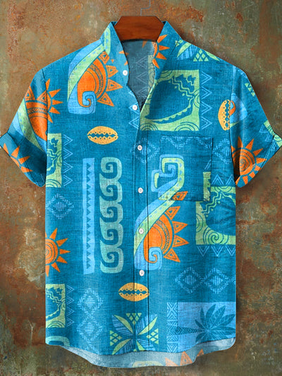 Men's Vintage Summer Seaside Pattern Stand Collar Short Sleeve Pocket Shirt