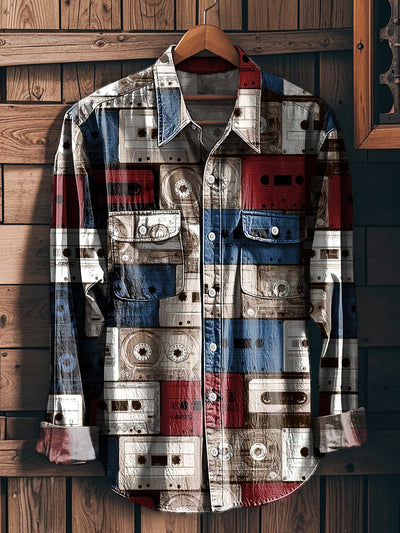 Men's Vintage Videotape Pattern Long Sleeve Workwear Pocket Shirt