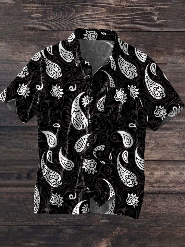 Men's Vintage Cashew Flower Floral Print Lapel Short Sleeve Shirt