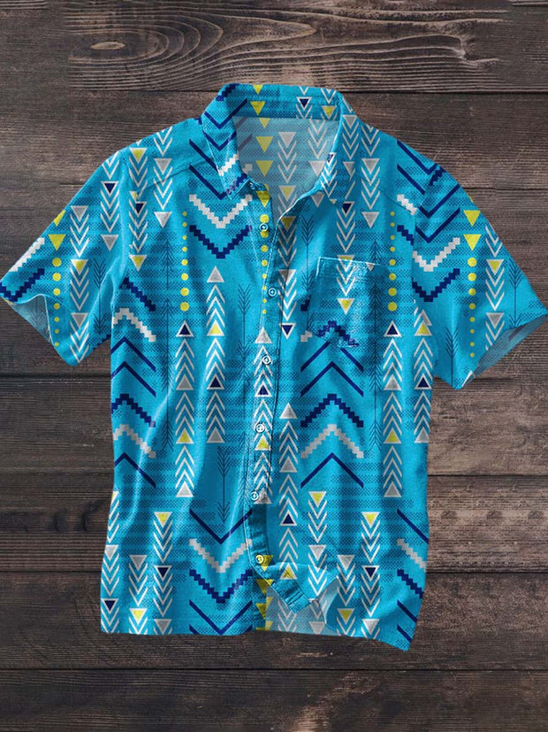 Men's Vintage Tribal Ethnic Print Lapel Short Sleeve Shirt