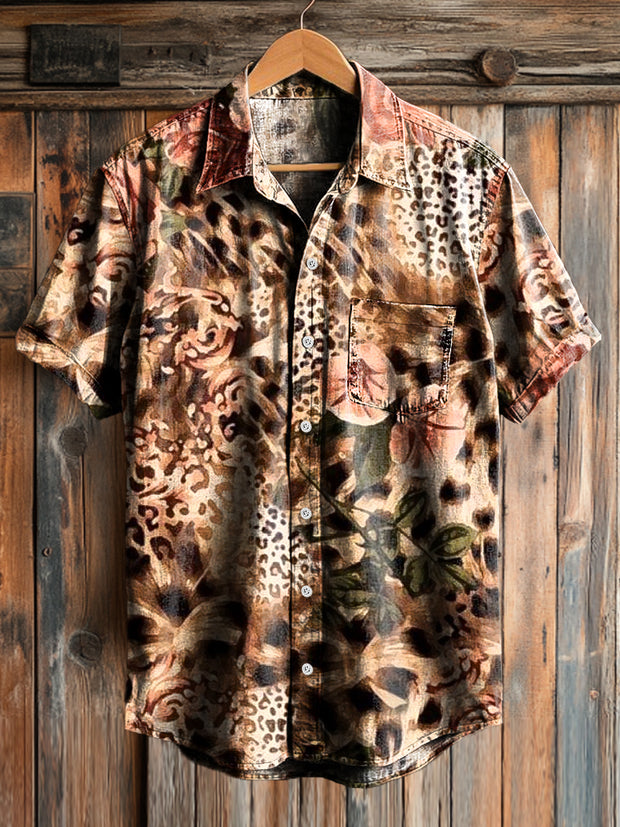 Men's Vintage Leopard Floral Pattern Short Sleeve Pocket Shirt