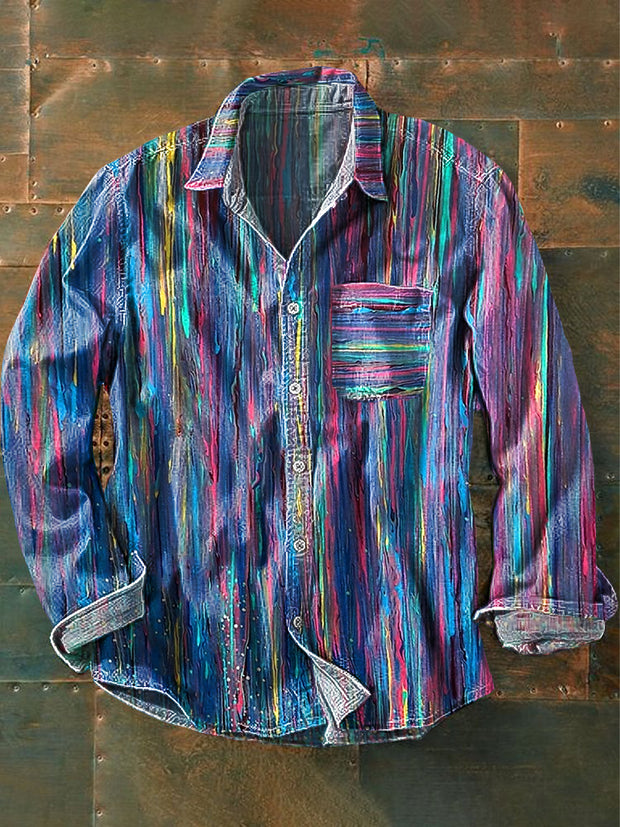 Men's Vintage Abstract Stripe Color Art Print Long Sleeve Pocket Shirt