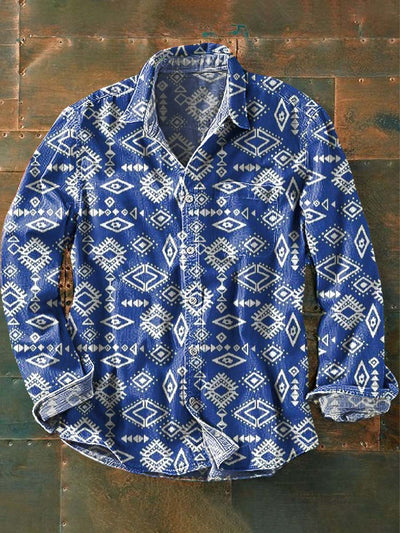 Men's Vintage Western Print Lapel Long Sleeve Shirt